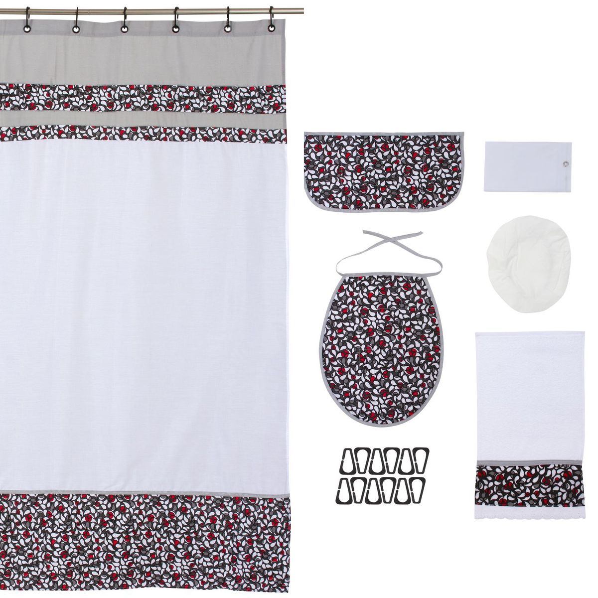 GENTILE - Cortina y Set de baño 7 piezas 180 x 173 cms gris blanco