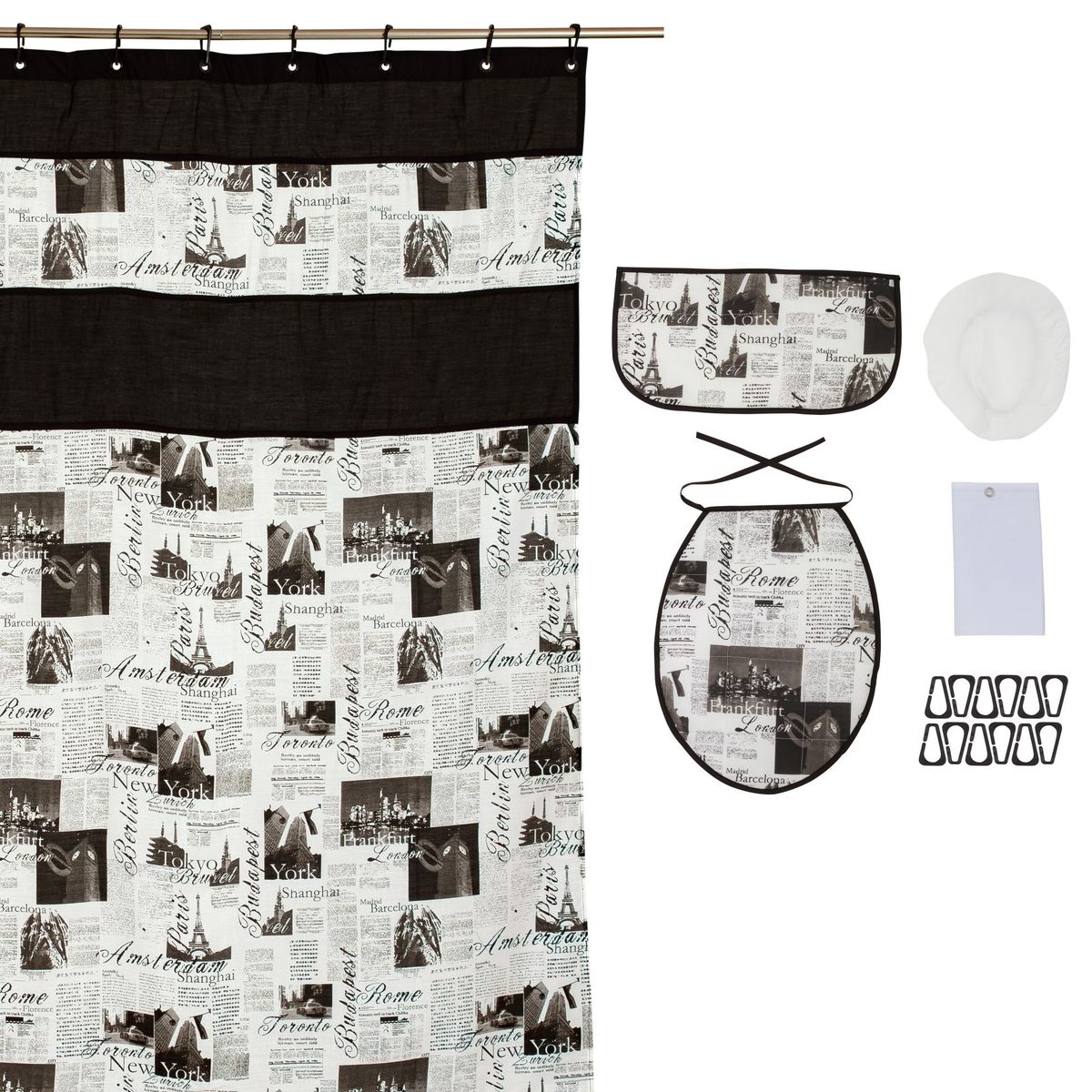 GENTILE - Cortina y Set de baño 7 piezas 180 x 180 cms diario negro