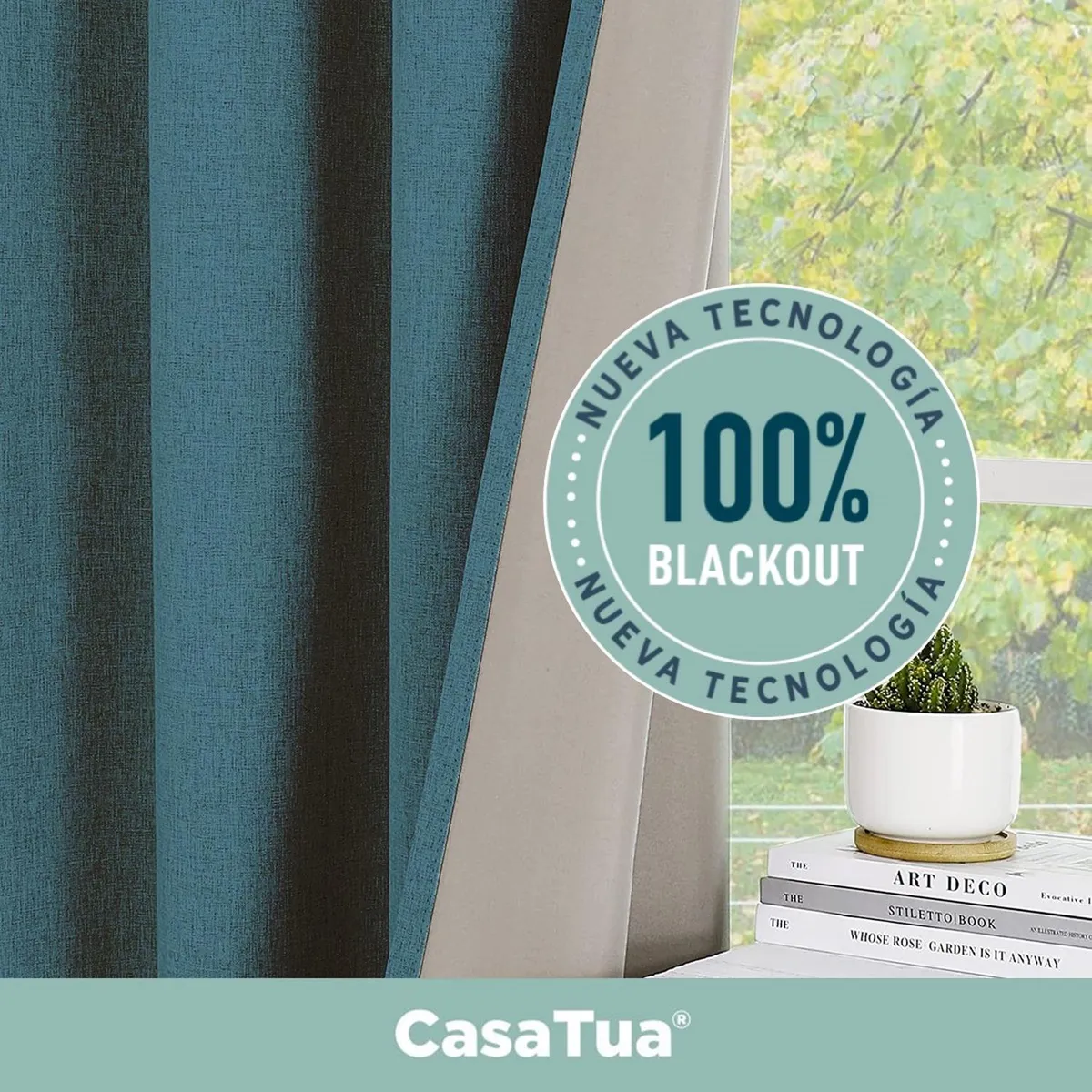 CASATUA - Cortina Blackout 100% 1 Paño 140x220 Cm Textura Lino - Turquesa