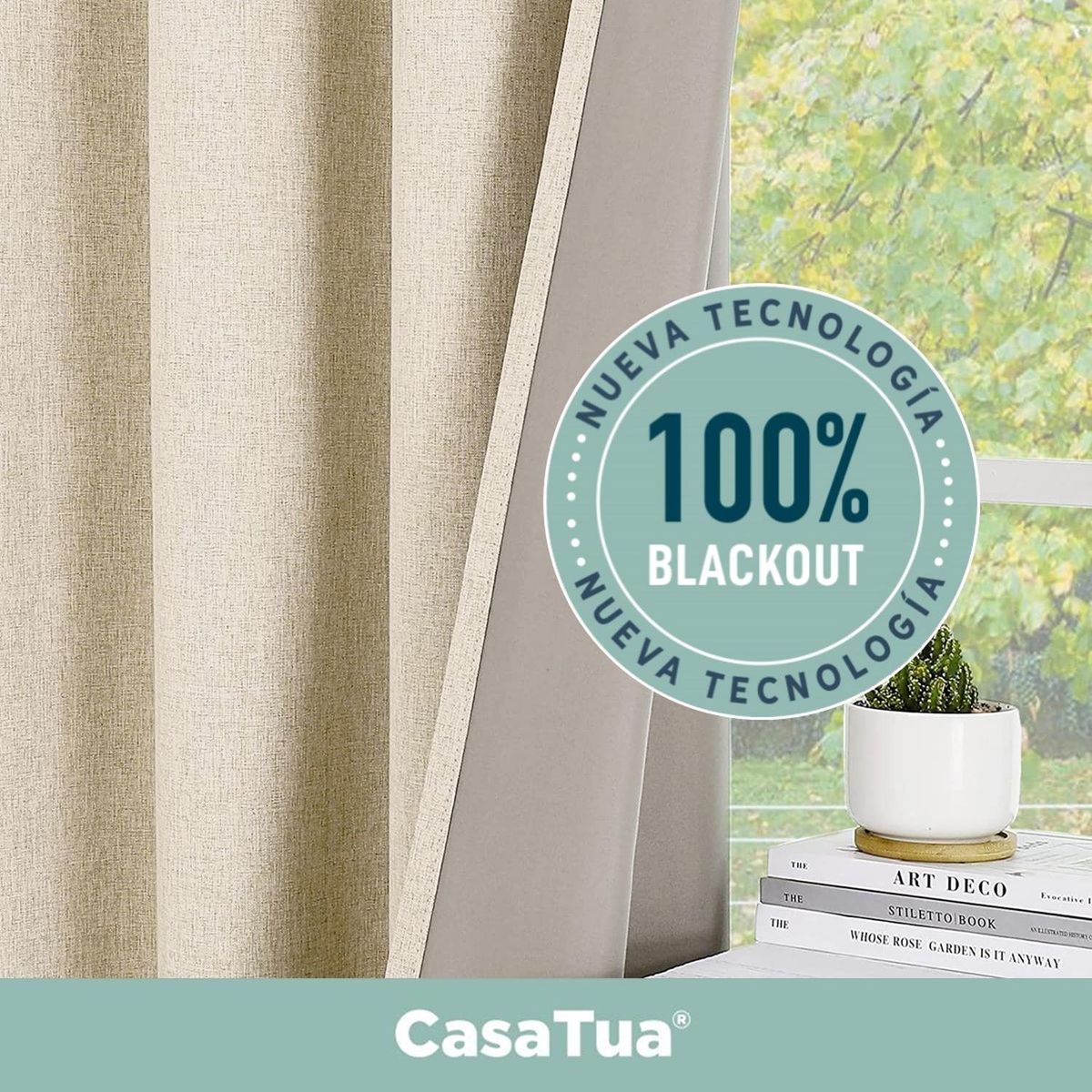 CASATUA - Cortina Blackout 100% 1 Paño 140x220 Cm Textura Lino - Crema