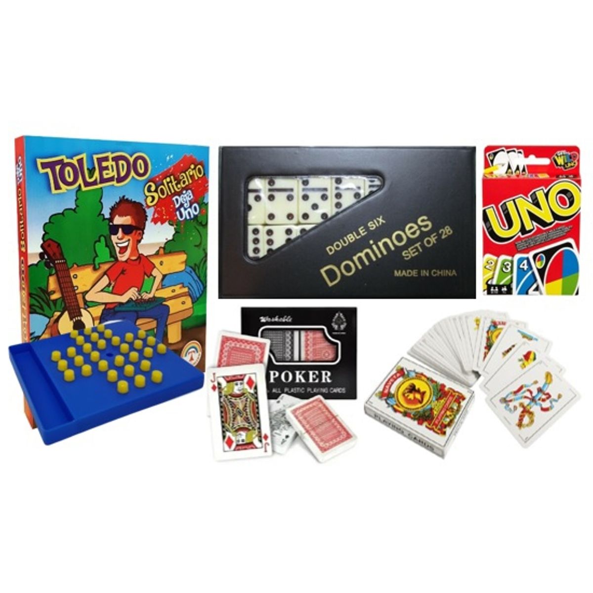 GENERICO - Pack Solitario dominó Naipe Esp e Inglés de plástico y Uno