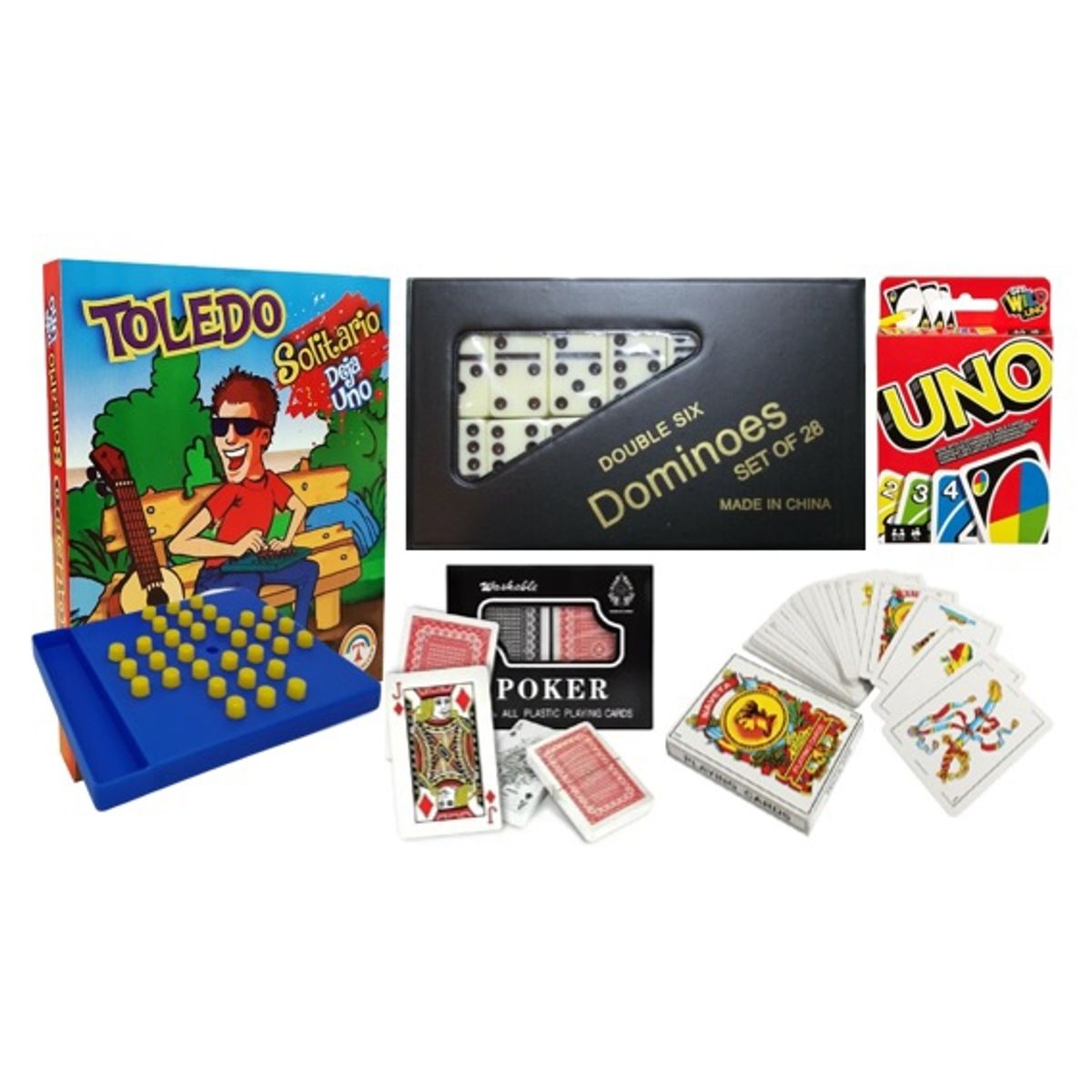 GENERICO - Pack Solitario dominó Naipe Esp e Inglés de plástico y Uno