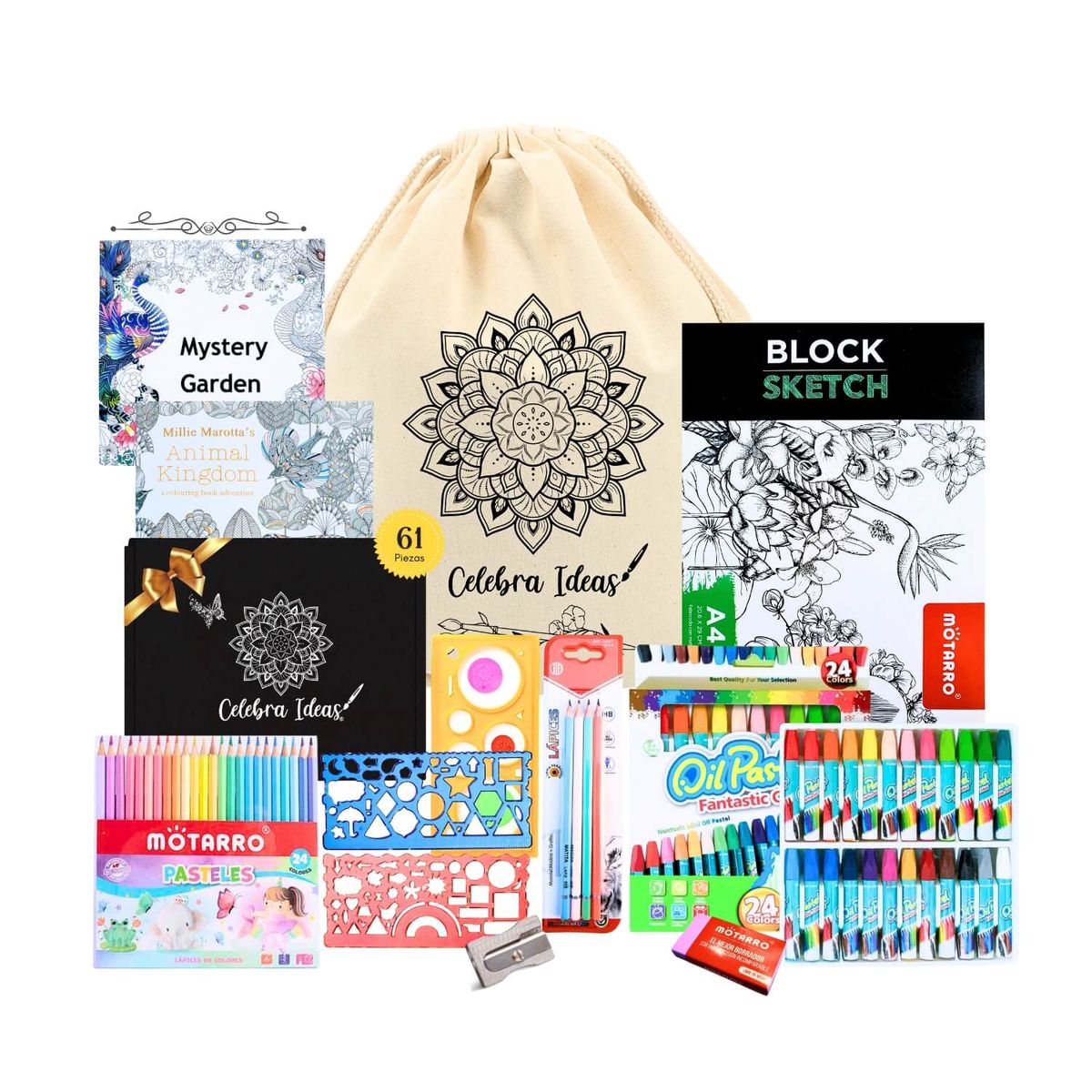 CELEBRA IDEAS - Set de Arte Kit  de Dibujo Para Colorear c lápices 61 Pcs