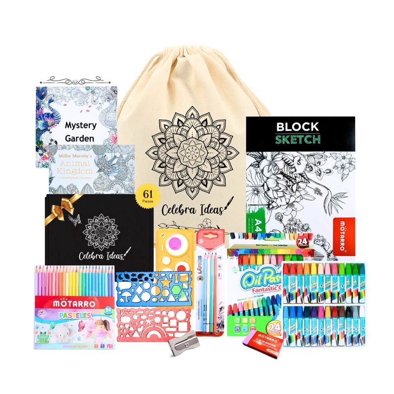 CELEBRA IDEAS - Set de Arte Kit  de Dibujo Para Colorear c lápices 61 Pcs