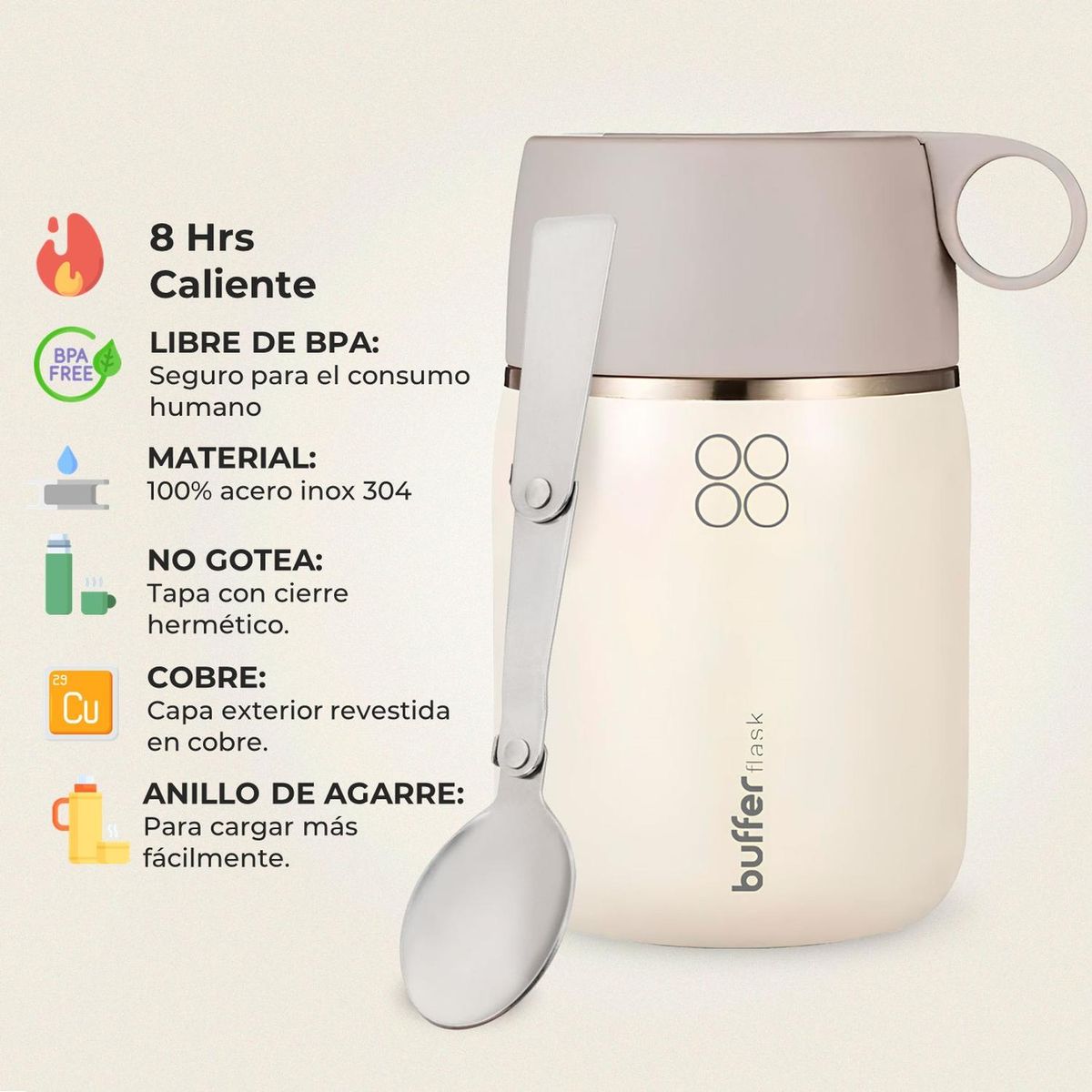 BUFFER FLASK - Termo Comida Liquido One2go Multiproposito 700ml+Cuchara - Crema