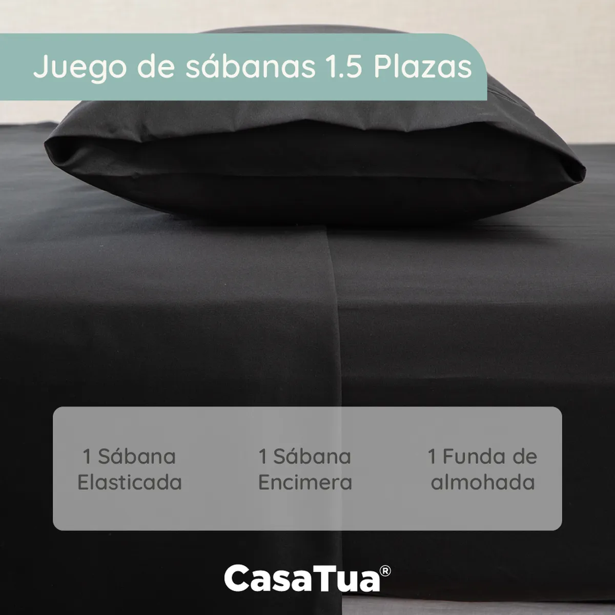 CASATUA - Sabana 1800 Hotel Ultra Suave Funda Bordada - Negro - 1,5 plazas