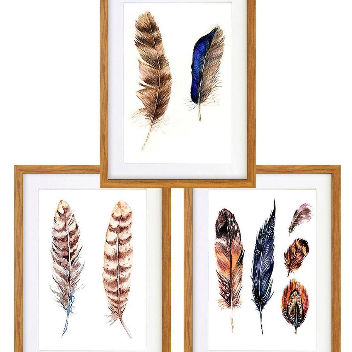 PAPEL ILUSTRADO - Set 3 Serie Plumas Étnicas  30x40 cm Marco Madera