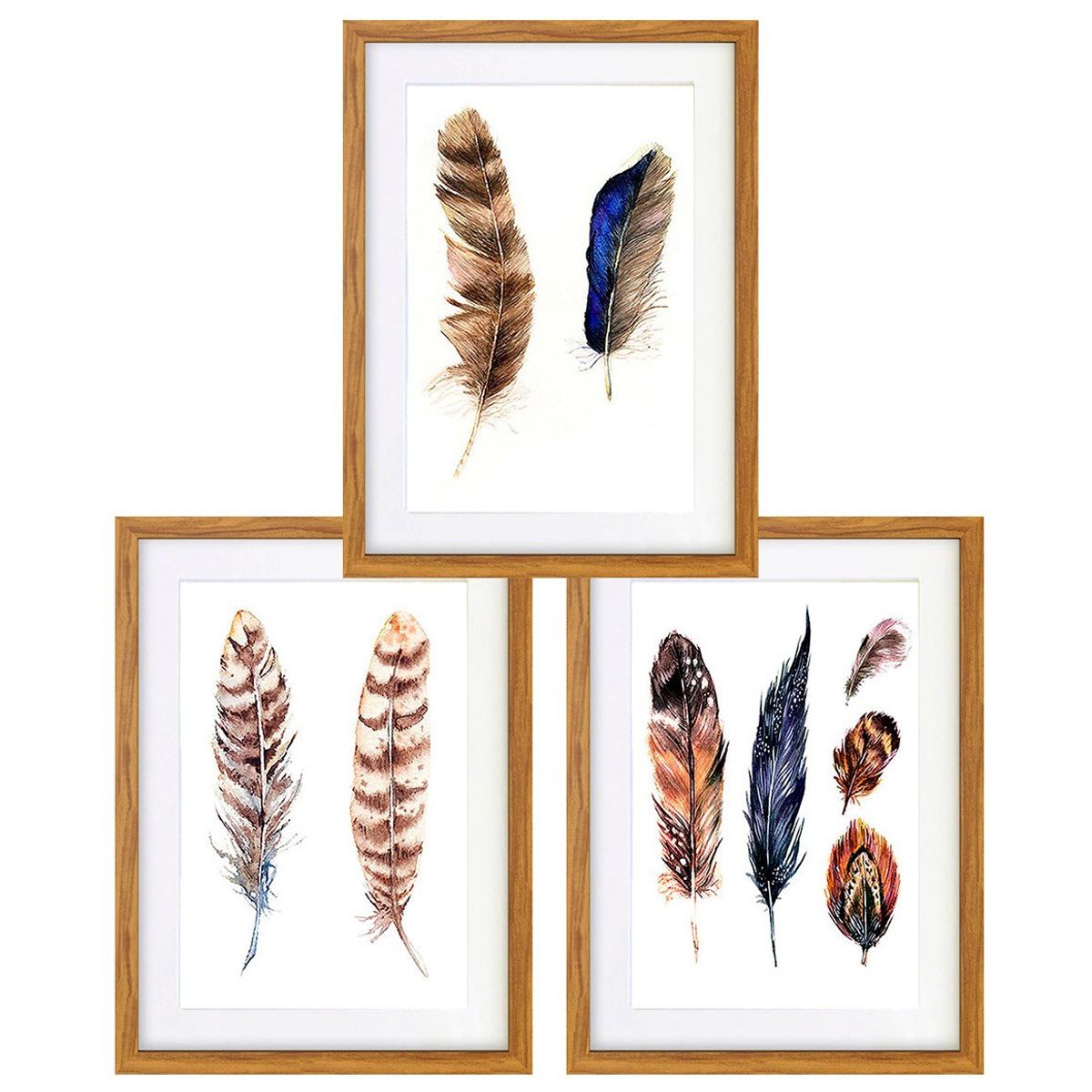 PAPEL ILUSTRADO - Set 3 Serie Plumas Étnicas  30x40 cm Marco Madera