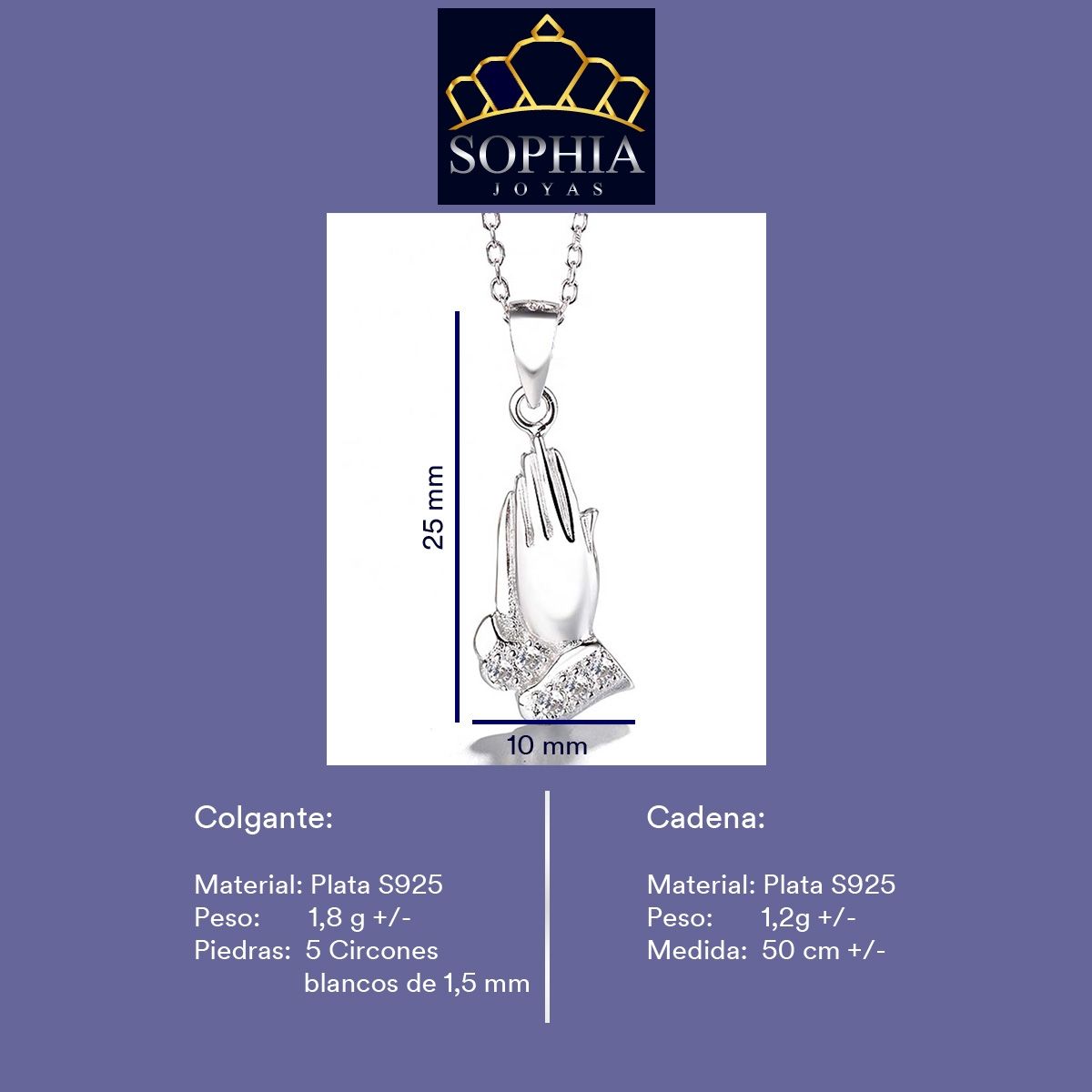 GENERICO - Collar Con Colgante Plata 925 Manos de Oración Religioso Joya Mujer