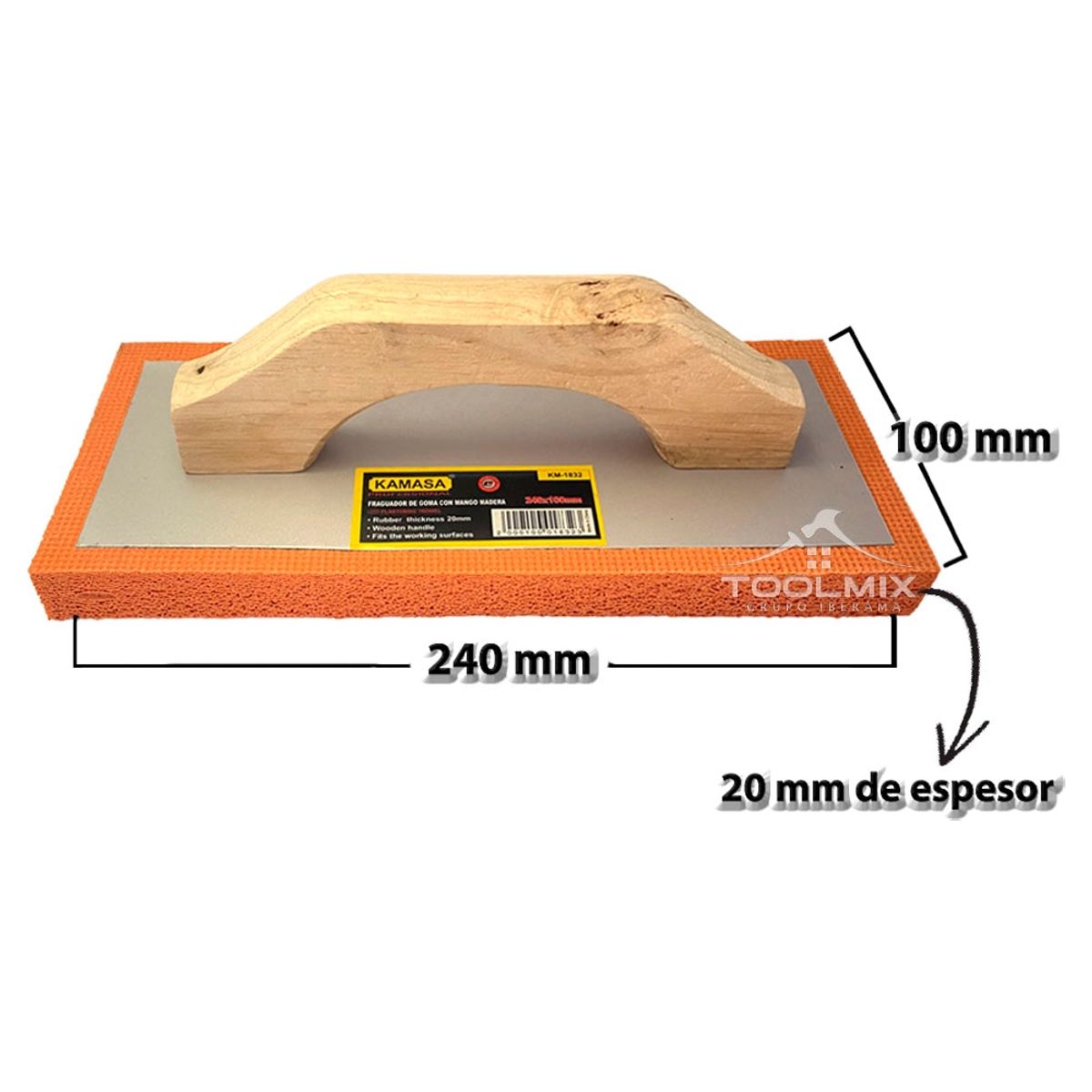 KAMASA - Fraguador De Goma 24 X 10 Cm Mango Madera Espesor 2 Cm