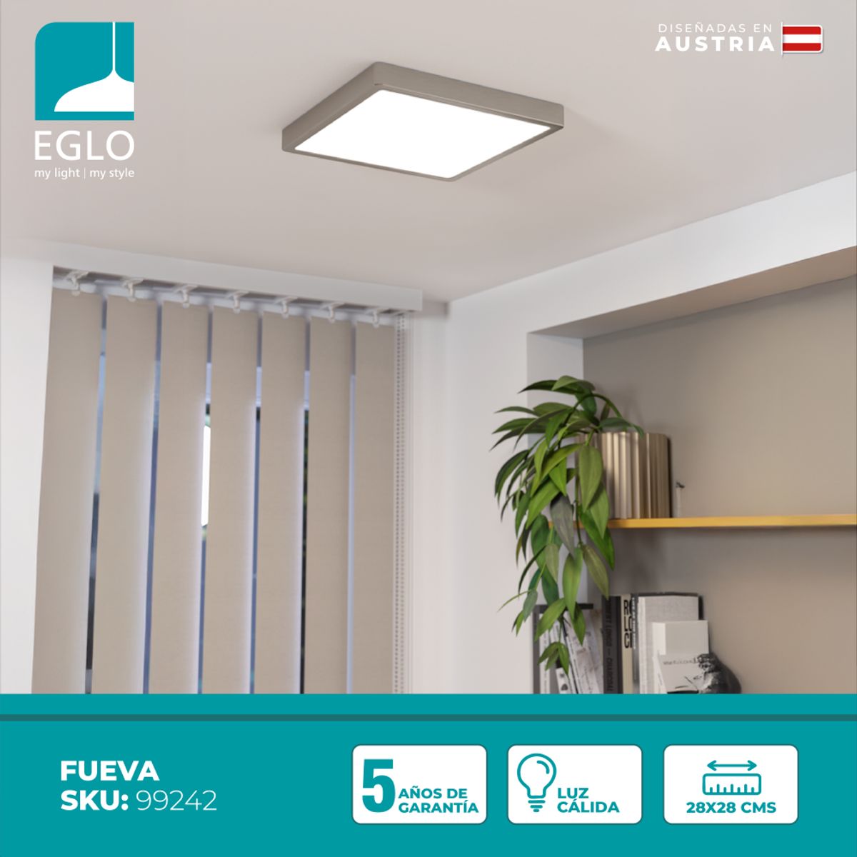 EGLO - Foco Sobrepuesto Metal Fueva Led  28x28 cálida 20W 2400Lm IP20
