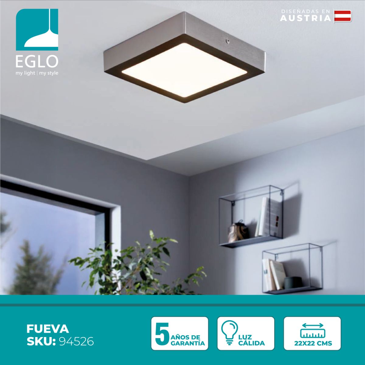 EGLO - Foco Sobrepuesto Metal Fueva Led  22x22Cm Cálida 17W 1700Lm IP20