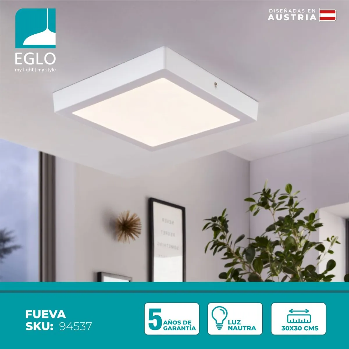 EGLO - Foco Sobrepuesto Metal Fueva Led  30x30cm Cálida 22W 2600Lm IP20
