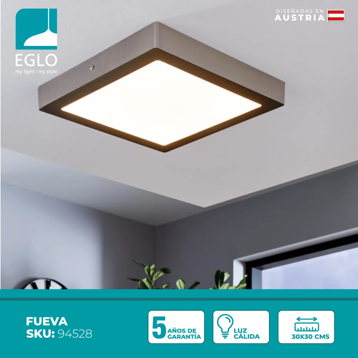 EGLO - Foco Sobrepuesto Metal Fueva Led  30x30Cm Cálida 22W 2600Lm IP20