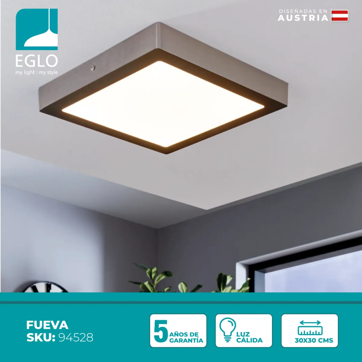 EGLO - Foco Sobrepuesto Metal Fueva Led  30x30Cm Cálida 22W 2600Lm IP20