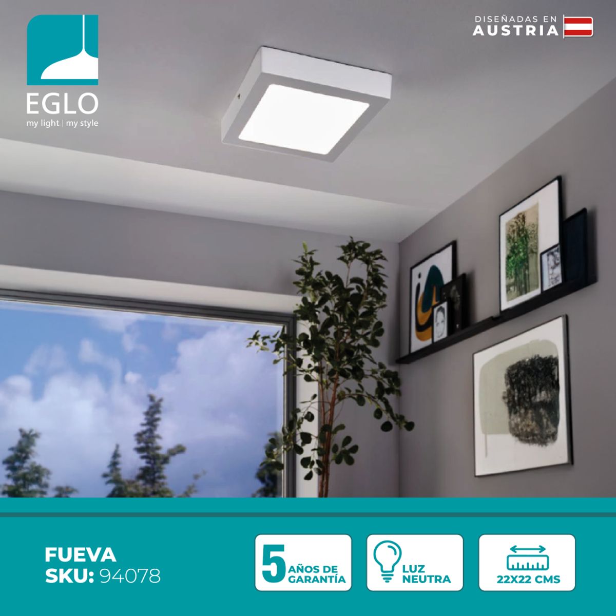 EGLO - Foco Sobrepuesto Metal Fueva Led  22x22Cm Neutral 17W 2080Lm IP20