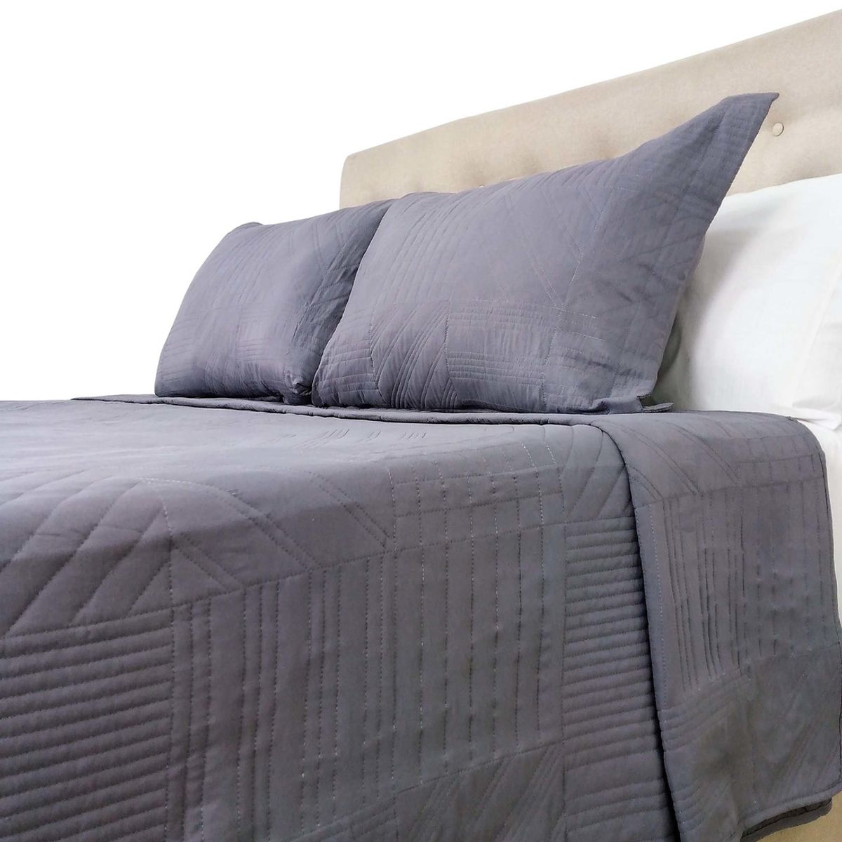 CHANTILLY - Cubrecama Prewash Cuadros Bordado 2 Plazas Gris Acero CHANTILLY