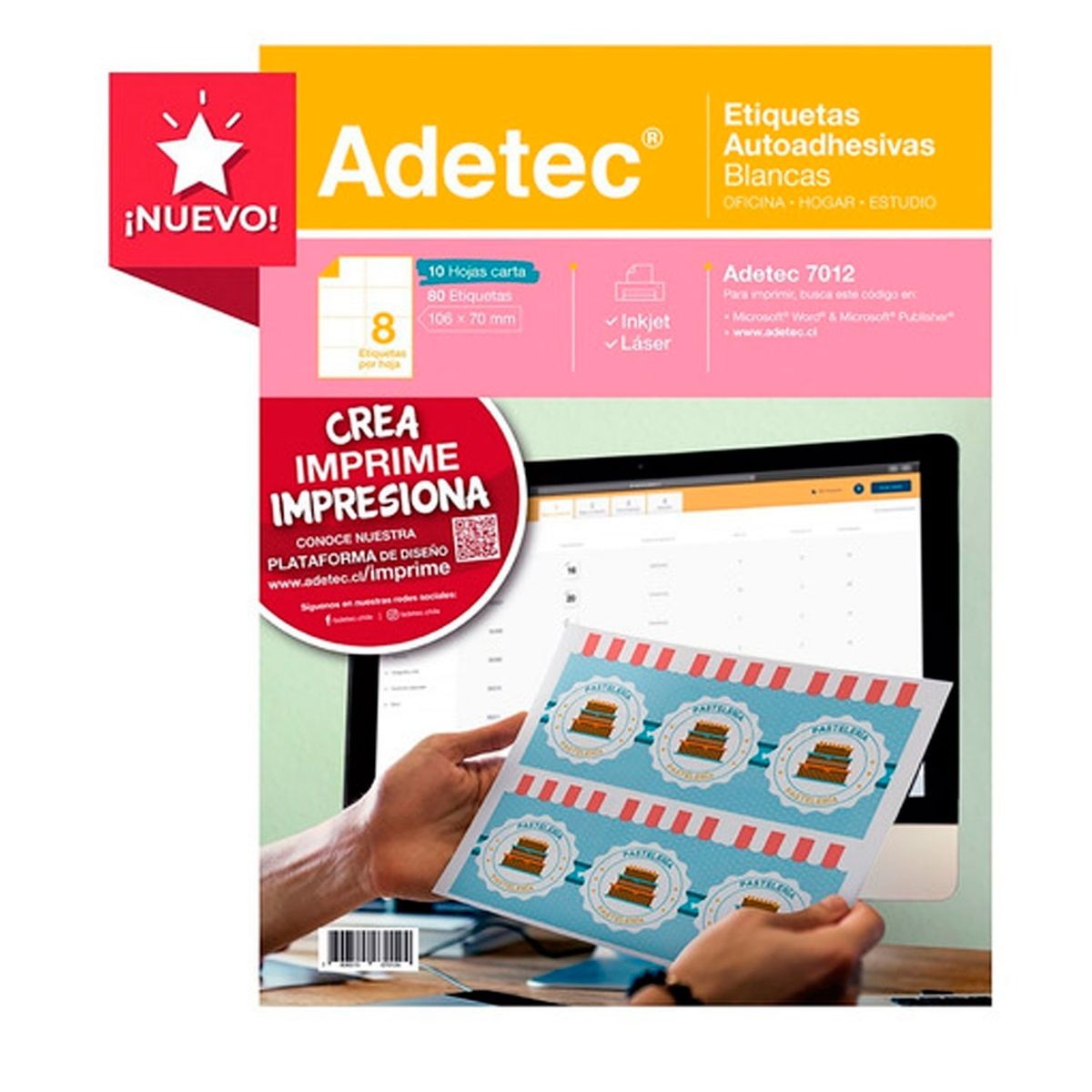ADETEC - 80 Etiquetas Autoadhesivas Para Impresora 10 Hojas Carta