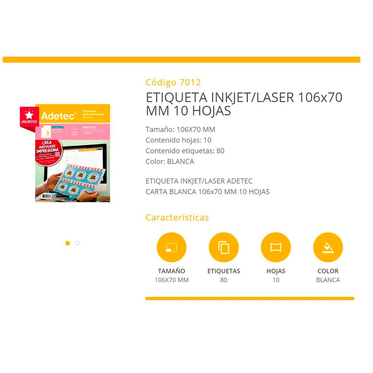 ADETEC - 80 Etiquetas Autoadhesivas Para Impresora 10 Hojas Carta