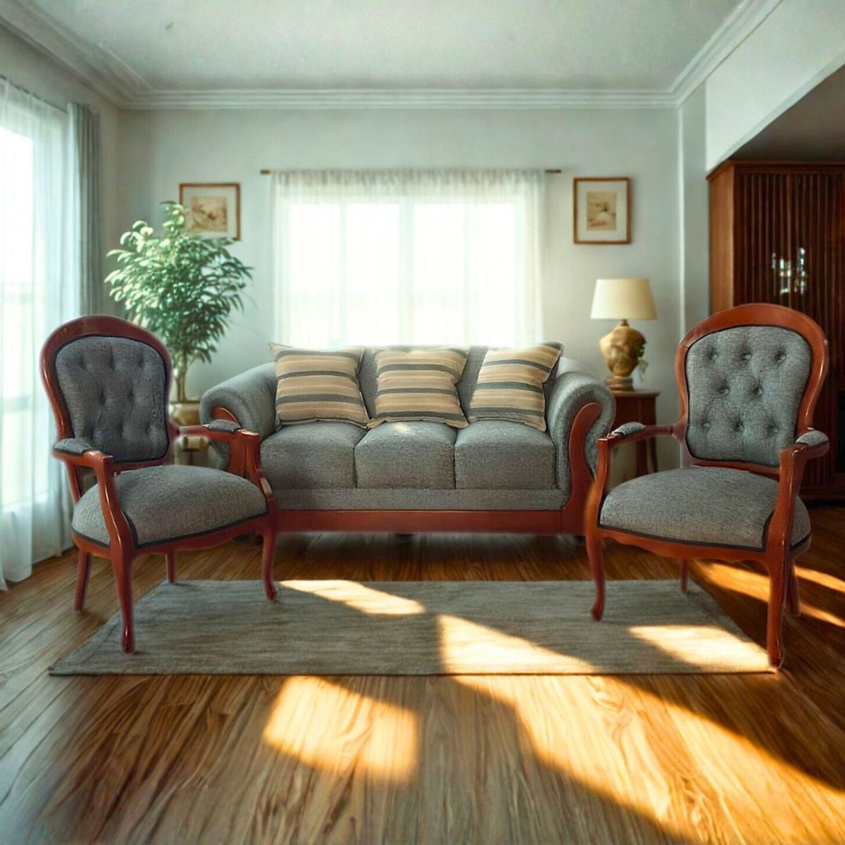 GENERICO - Juego de Living 311 Florencia gris oscuro sofa resorte + 2 sitiales madera