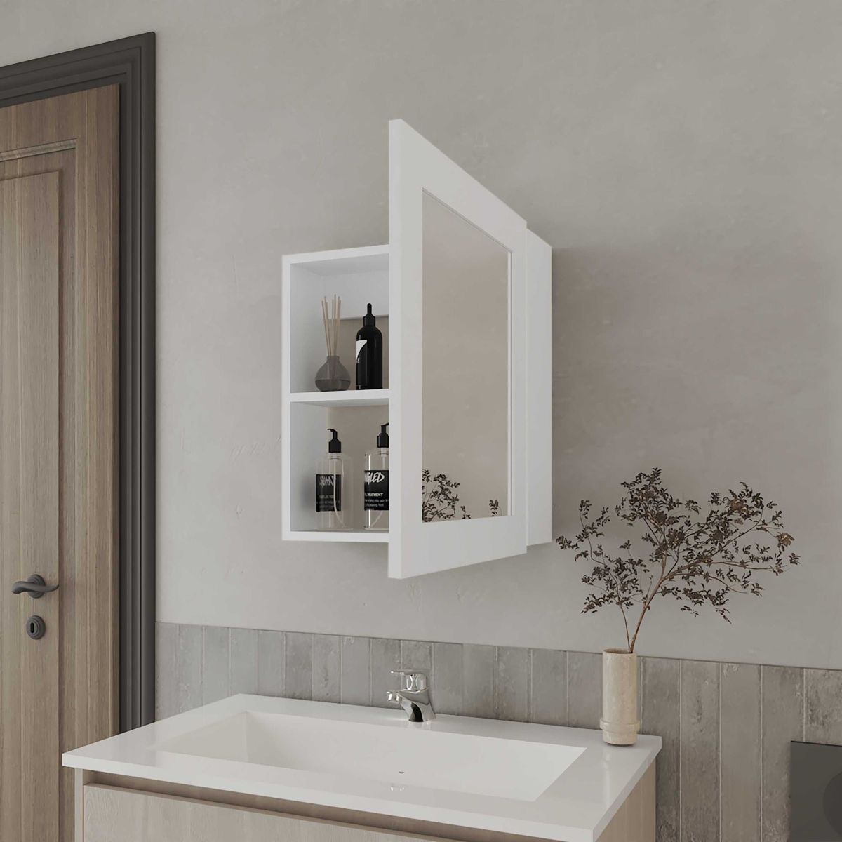 FMFURNITURE - Botiquin 1 Puerta Con Espejo - Blanco 52.2x47.2x14.6 cm