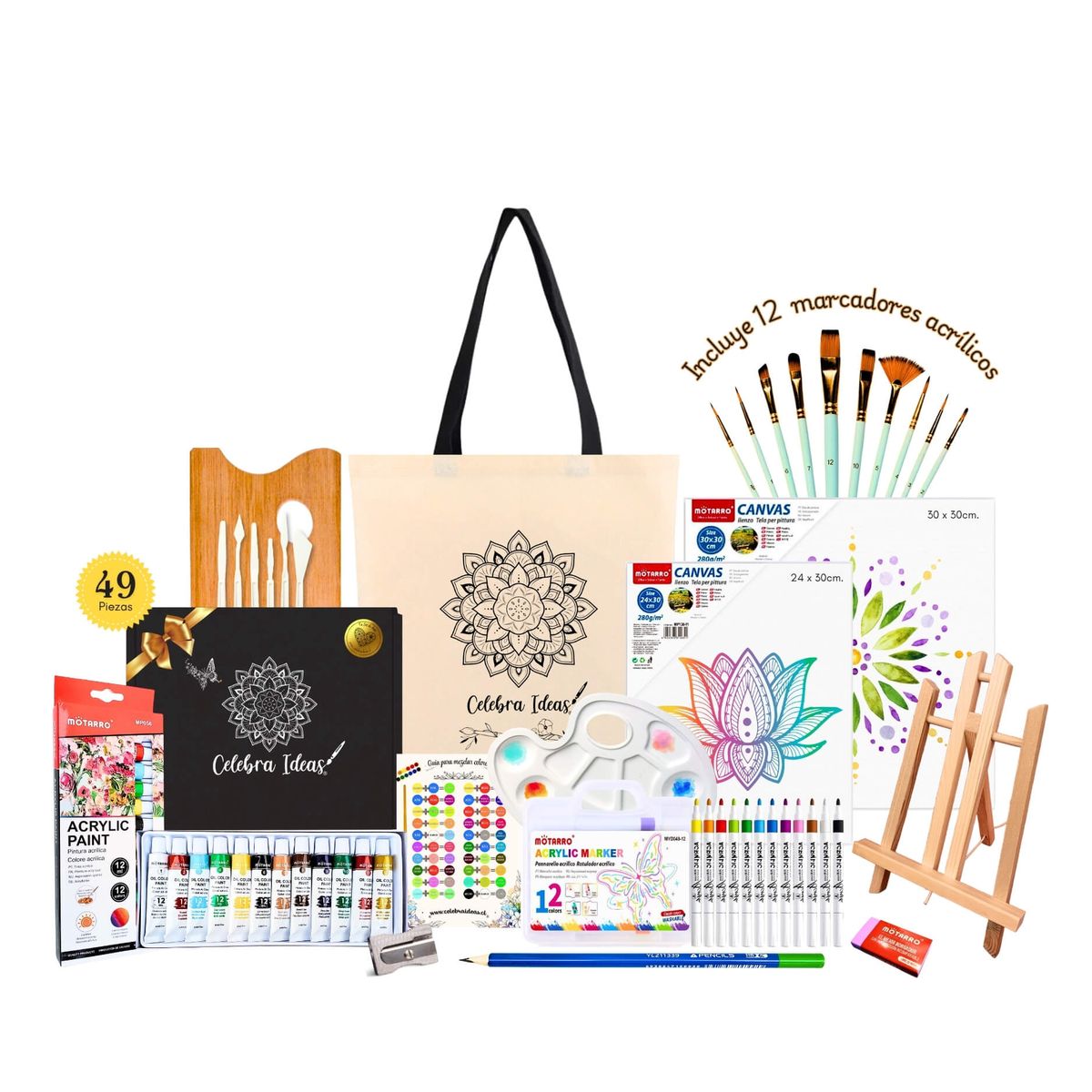 CELEBRA IDEAS - Set kit de Arte con pinturas y marcadores acrilicos atril lienzos y pinceles 49 piezas