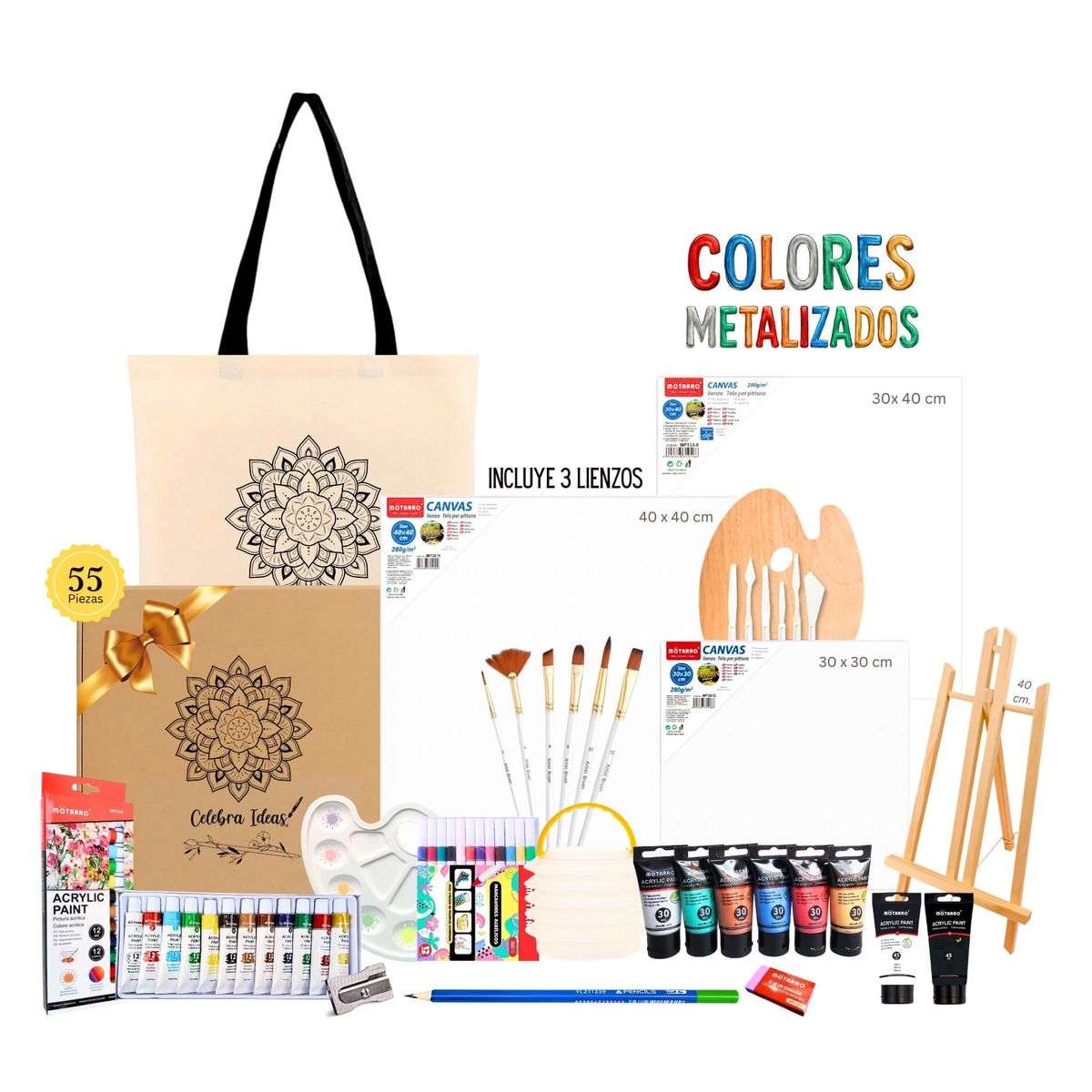 CELEBRA IDEAS - Set kit de Arte Acrílicos Metalizados con bastidores y marcadores