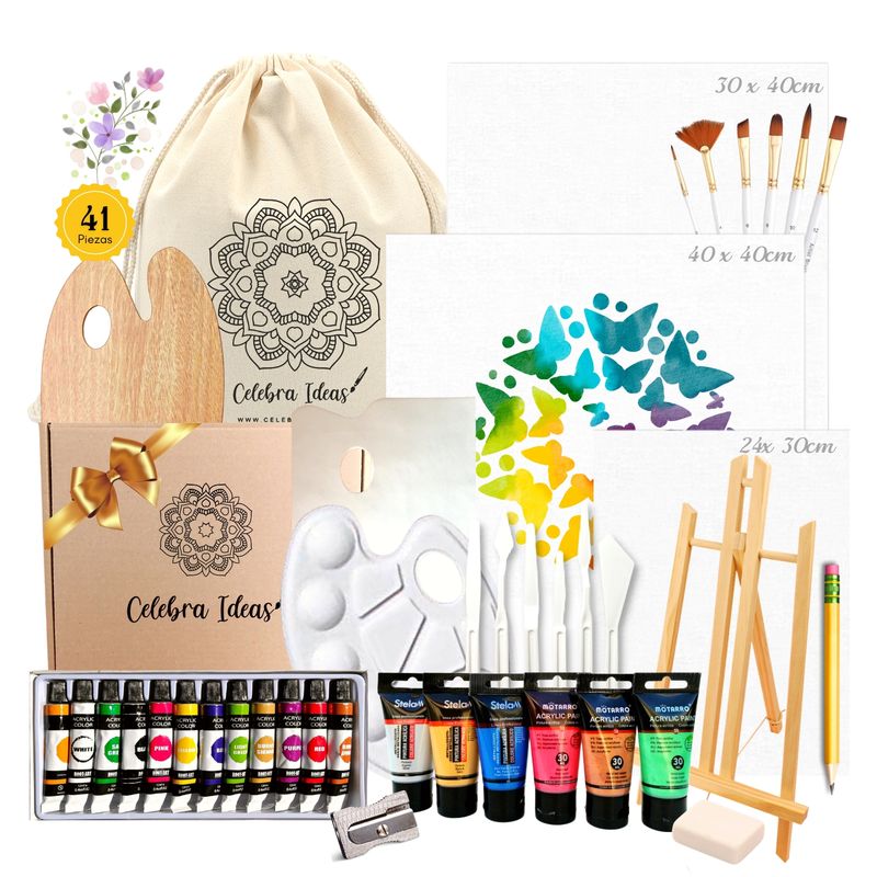 CELEBRA IDEAS - Set de Arte Acrílicos Metalizados Atril bastidores Kit Arte