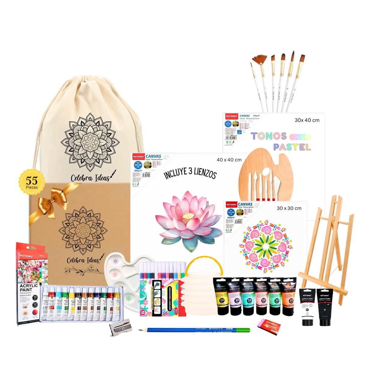 CELEBRA IDEAS - Set kit de Arte pinturas Acrílicos tonos pastel y bastidores