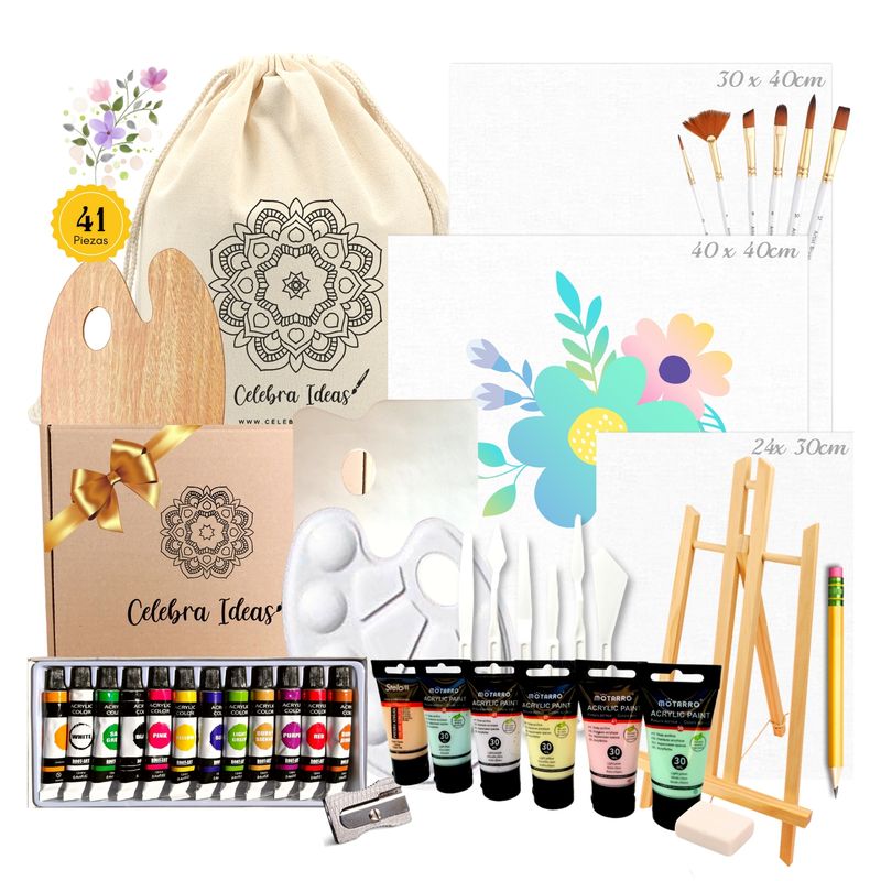 CELEBRA IDEAS - Set de Arte Acrílicos color pastel Atril bastidores Kit Arte