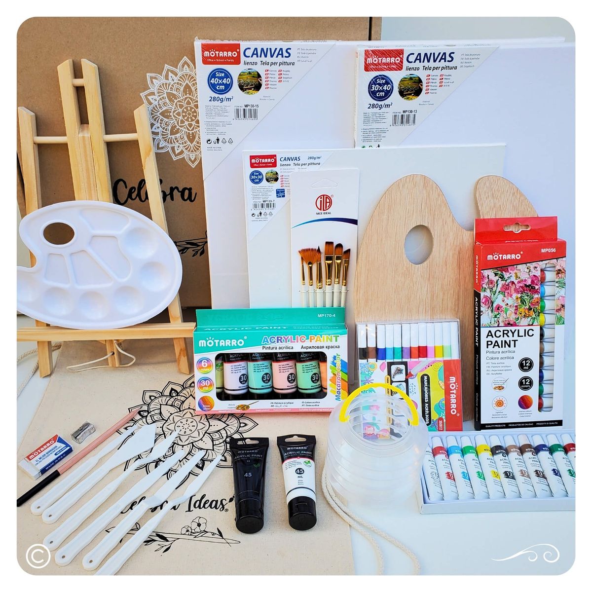 CELEBRA IDEAS - Set kit de Arte pinturas Acrílicos tonos pastel y bastidores