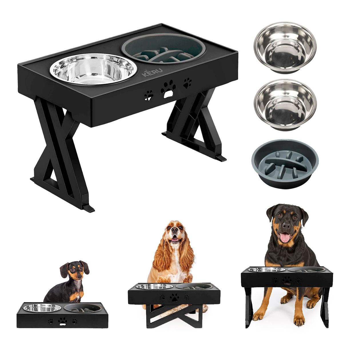 KERU - Comedero-bebedero Para Perros Altura Ajustable Color Negro