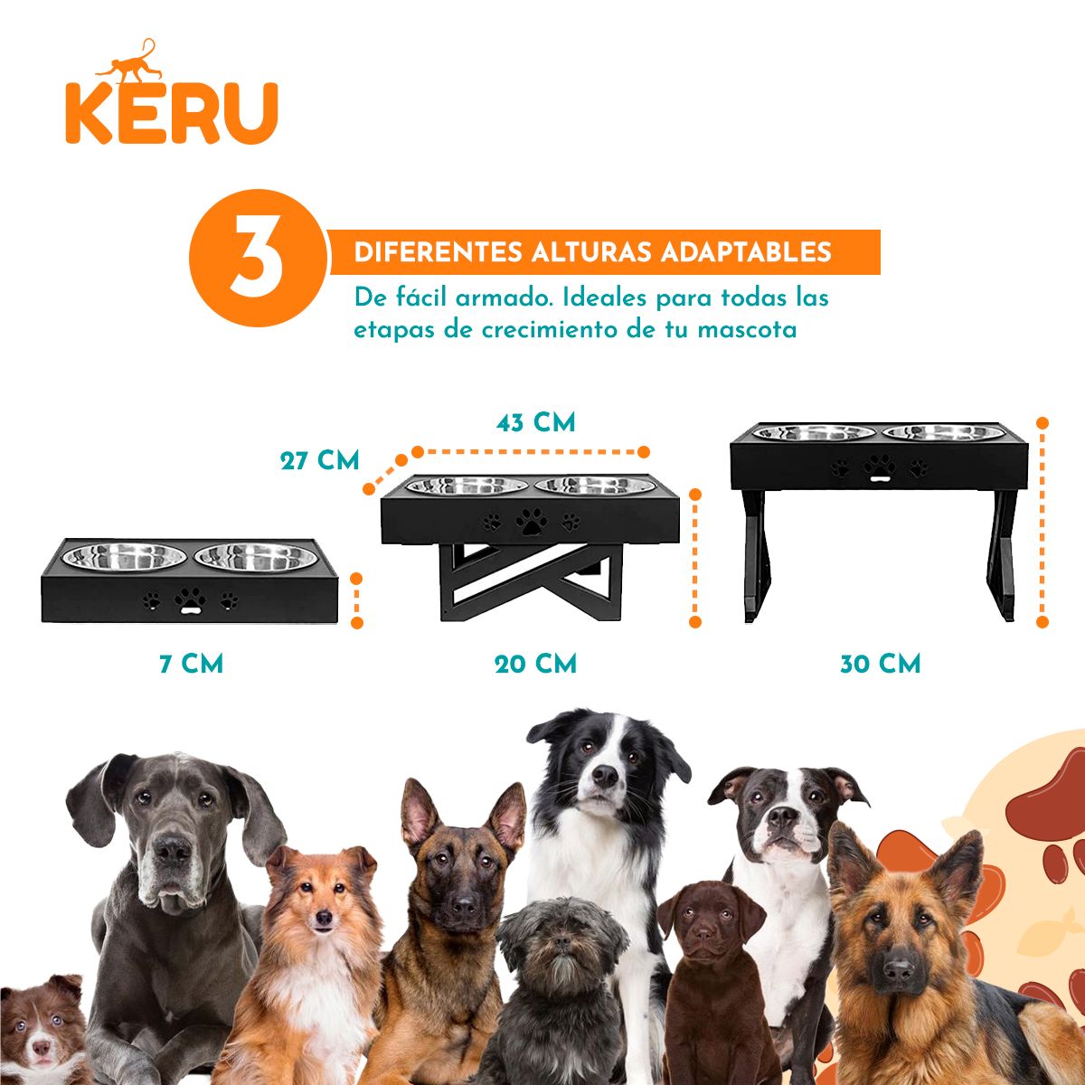 KERU - Comedero-bebedero Para Perros Altura Ajustable Color Negro