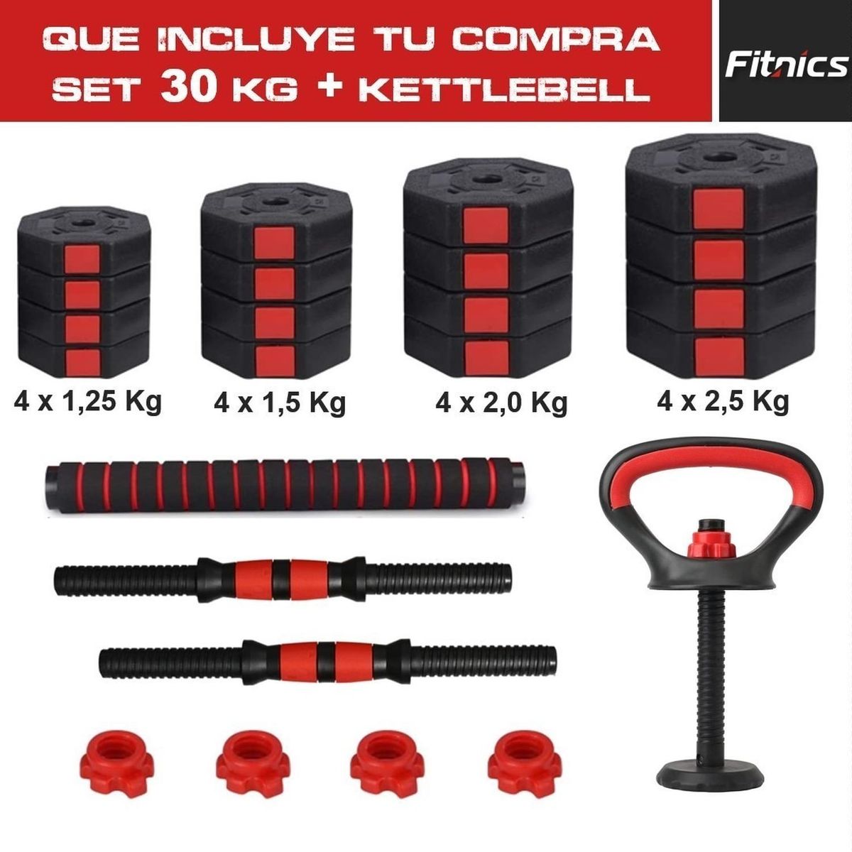 FITNICS - Set 2 Mancuernas Ajustables Total 30kg + Barra + Kettlebell