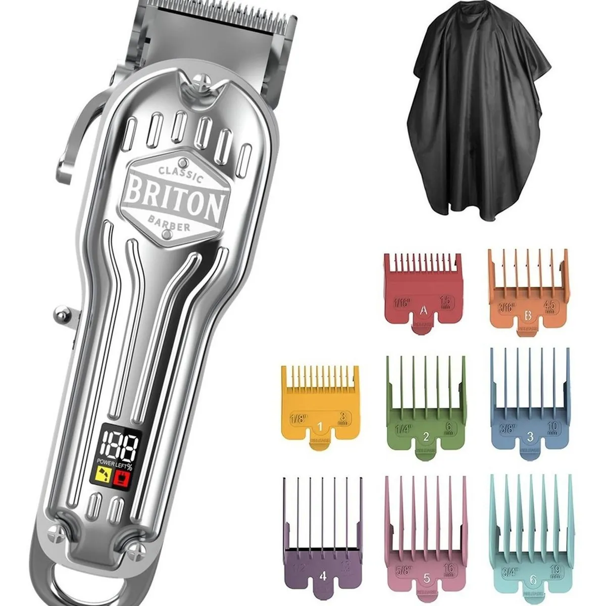 BRITON BARBER - Maquina Cortar Pelo Afeitadora Inalambrica Briton + Kit Pro - Plateado