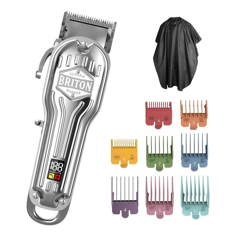BRITON BARBER - Maquina Cortar Pelo Afeitadora Inalambrica Briton + Kit Pro - Plateado