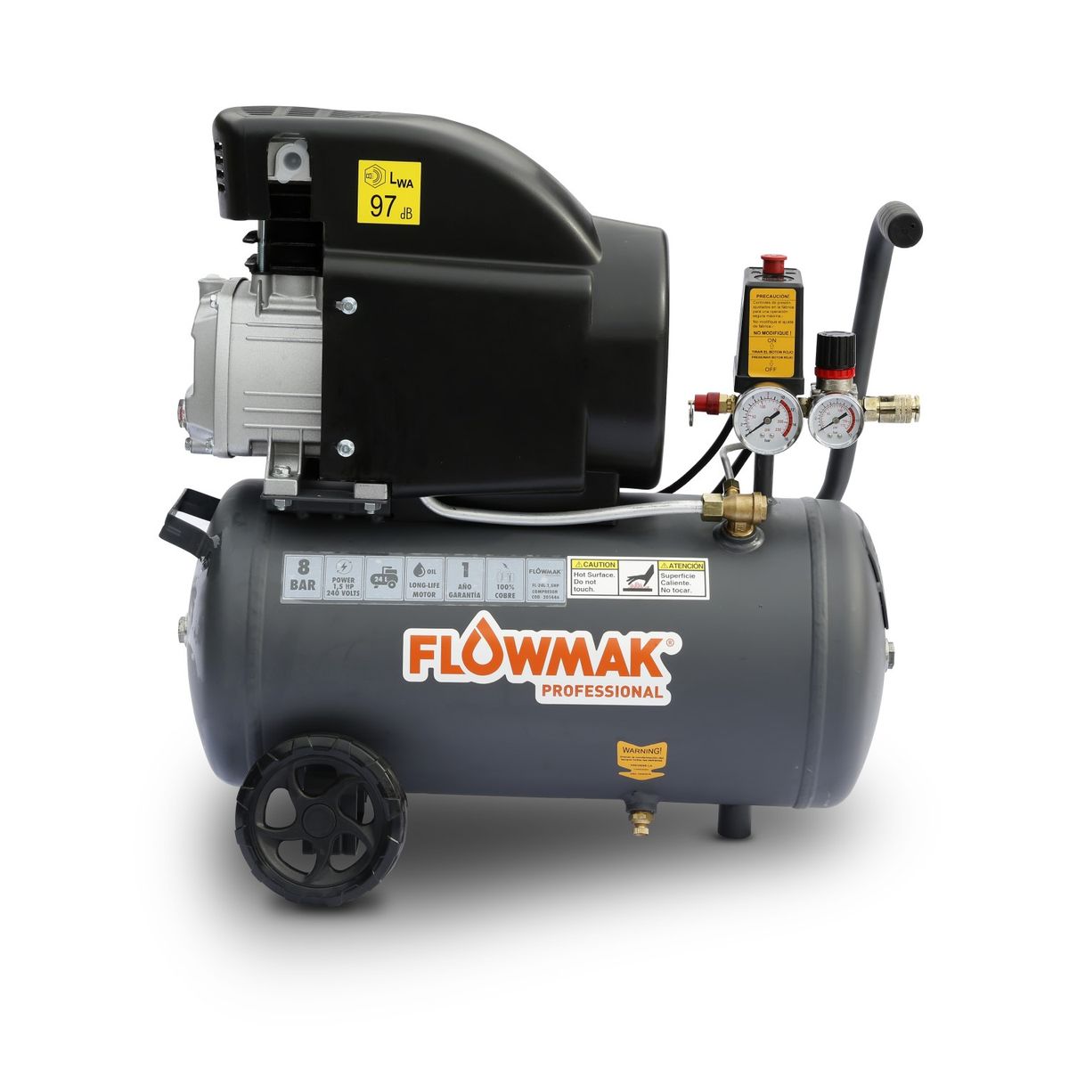 FLOWMAK - Combo Compresor De Aire 24litros 1.5hp Más Kit Accesorios