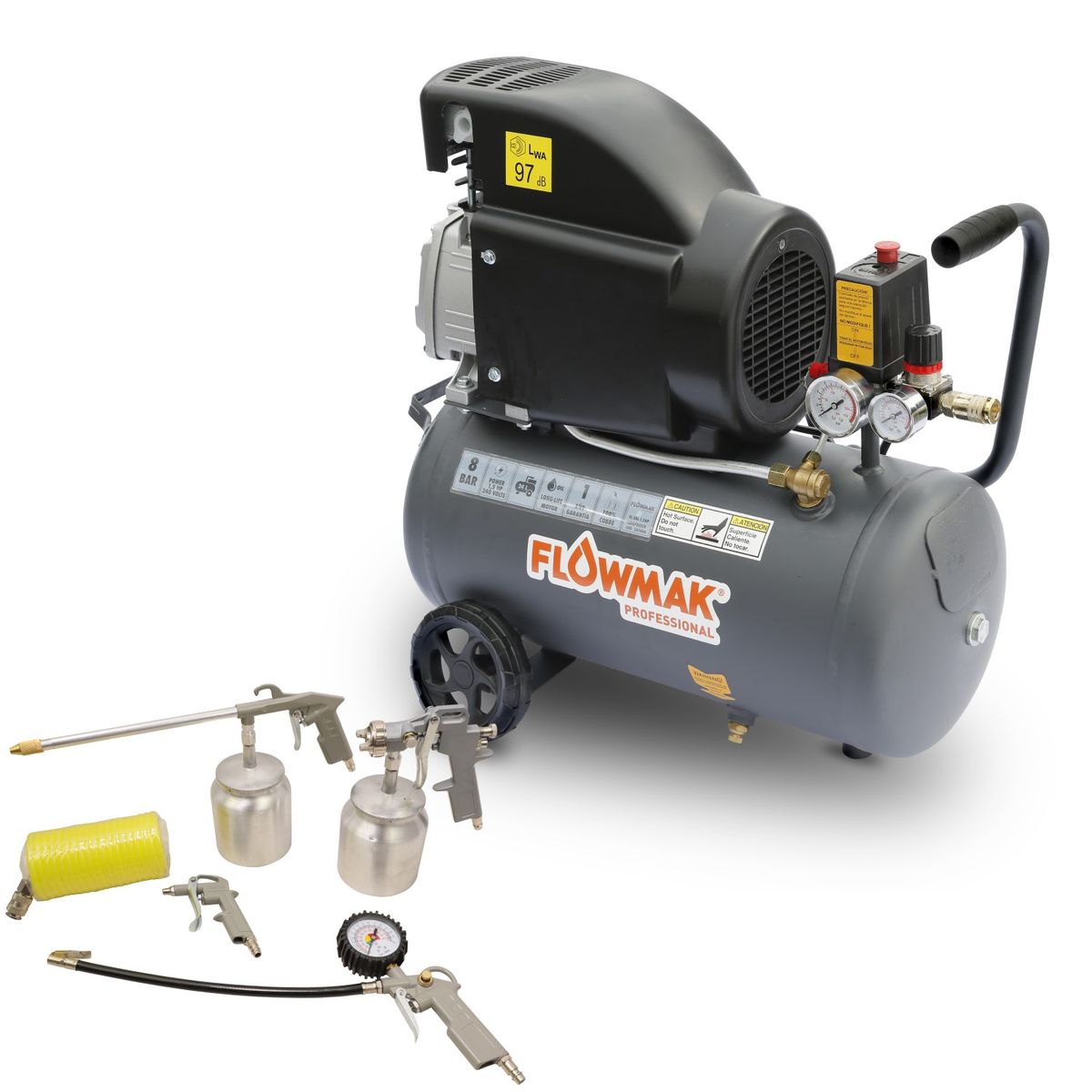 FLOWMAK - Combo Compresor De Aire 50litros 2hp 8bar Más Kit Accesorios