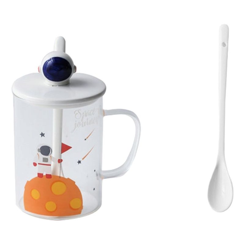 GENERICO - Taza De Vidrio De Astronauta Con Tapa Y Cuchara Cerámica MK65 D