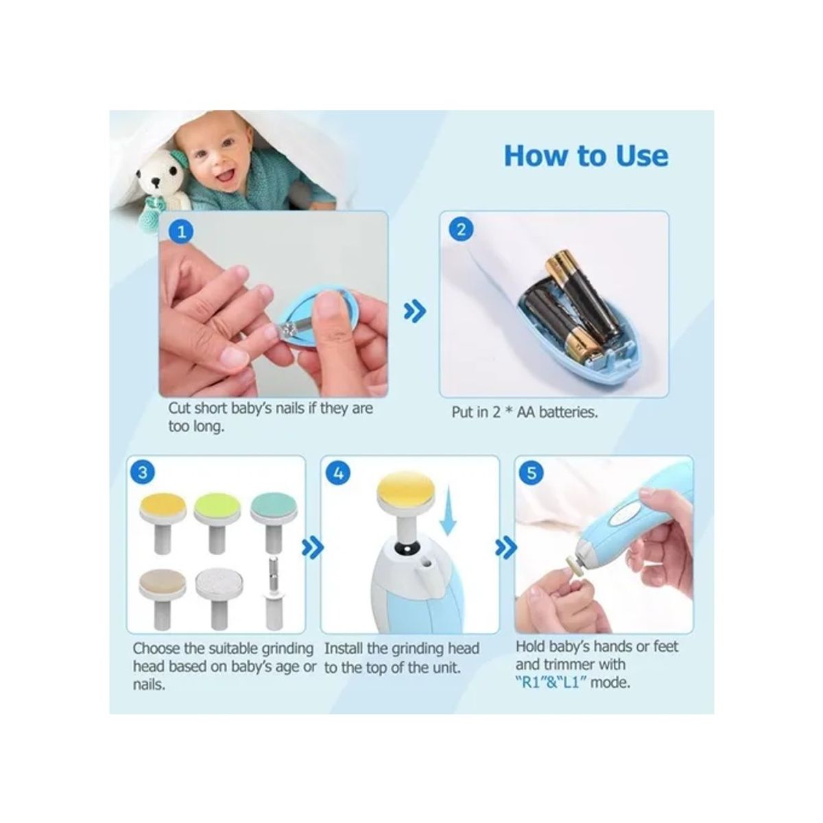 GENERICO - Kit Pulidor Limador De Uñas Eléctrico Para Bebe Manicure