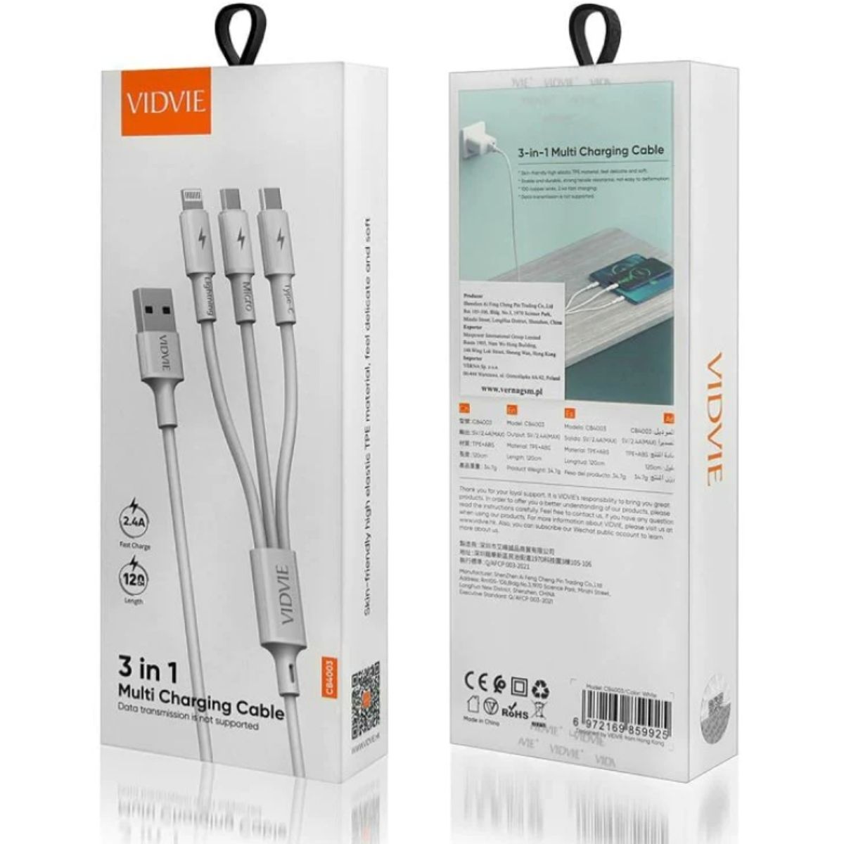 GENERICO - Cable Cargador 3 en 1 3A VIDVIE