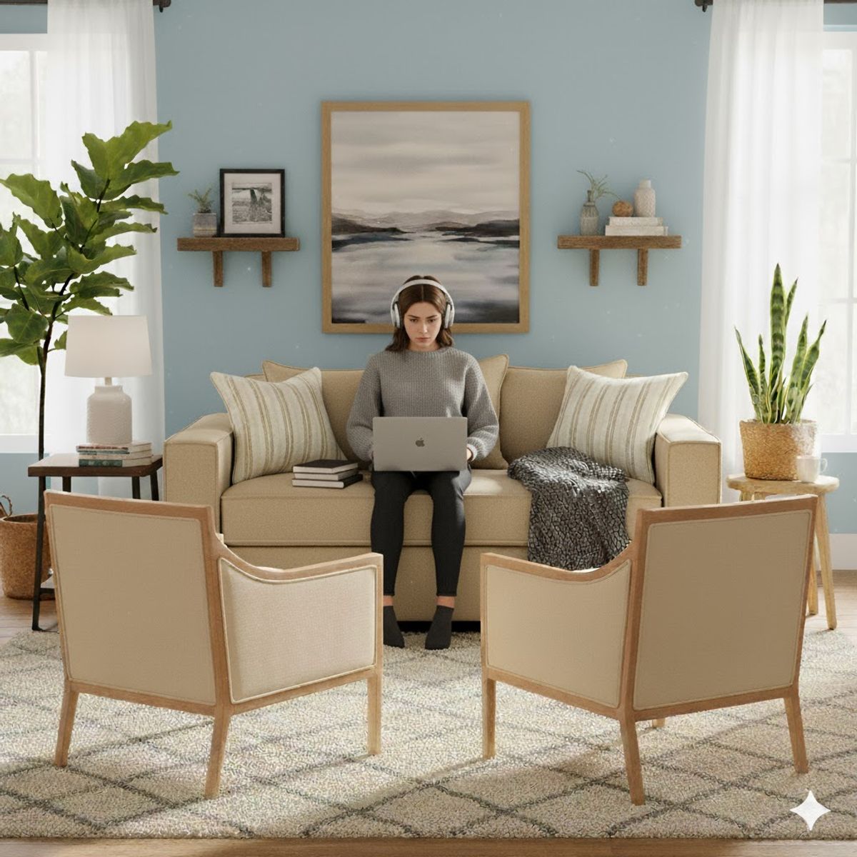 SITIAL HOME - Living 311 Romeo Beige, sofa 3 cuerpos resortes + 2 sitiales madera