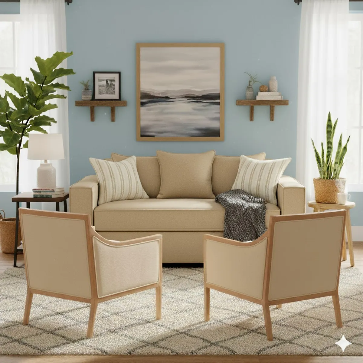 SITIAL HOME - Living 311 Romeo Beige, sofa 3 cuerpos resortes + 2 sitiales madera