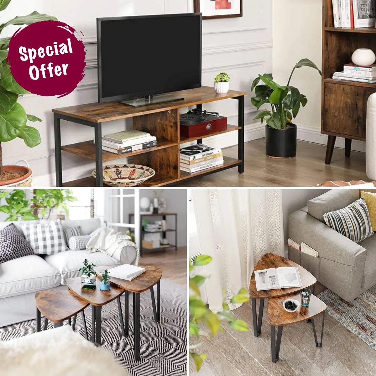 VASAGLE - Rack Smart TV y Set 3 Mesas Nido - Combo 8