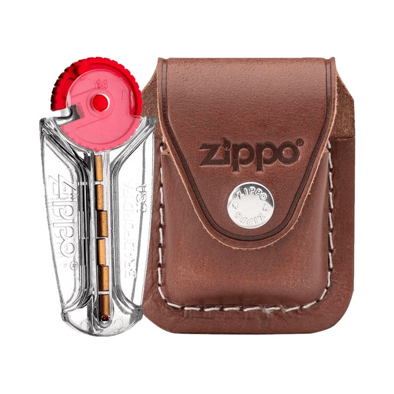 ZIPPO - Pack Estuche Zippo Brown Lighter Pouch-Clip + 6 Piedras