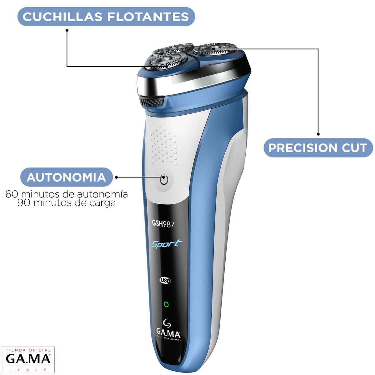 GAMA - Afeitadora Gama Gsh987 Sport Carga Usb Apta Para Ducha Inalámbrica