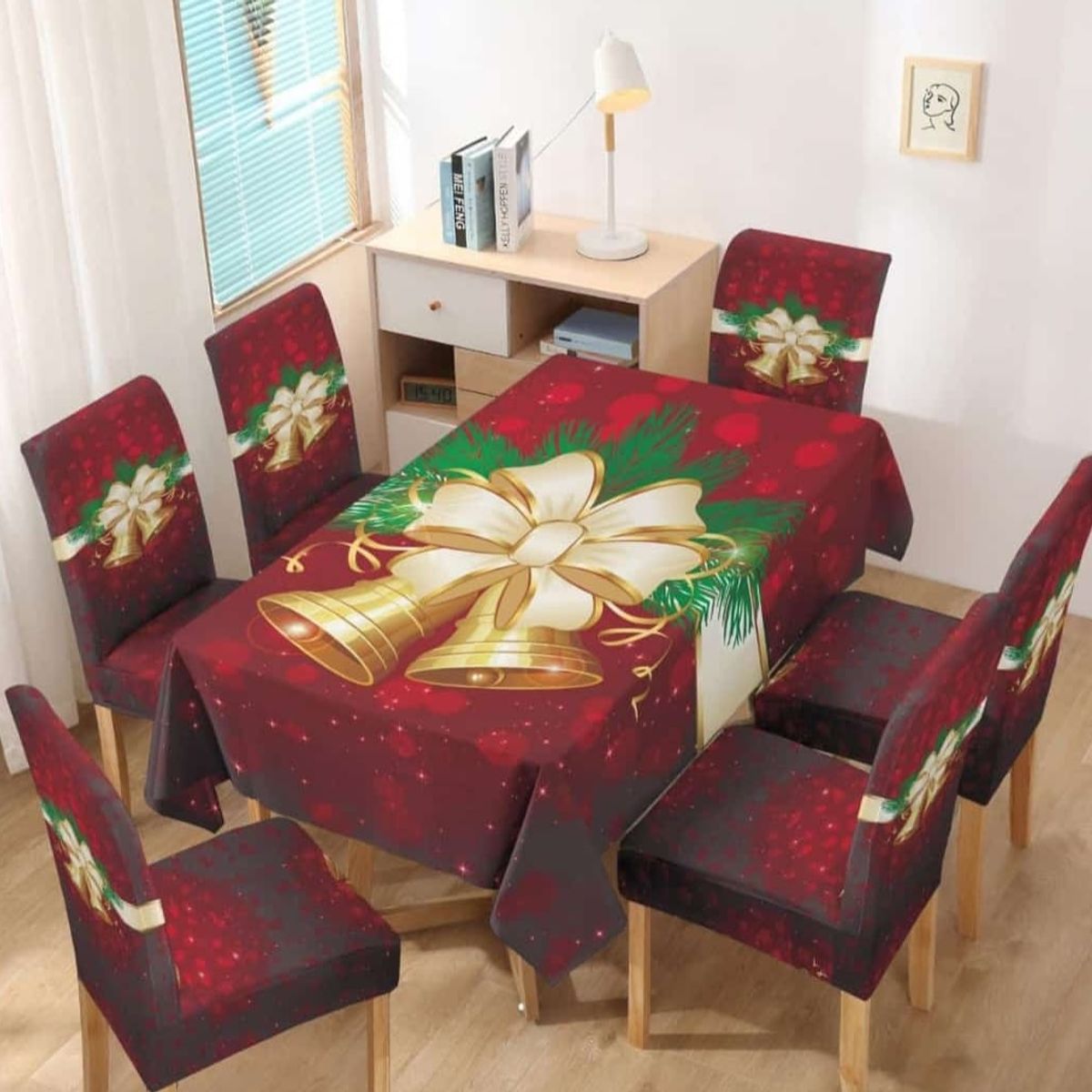 GENERICO - Set de Navidad Rojo Incluye un mantel y seis fundas de sillas