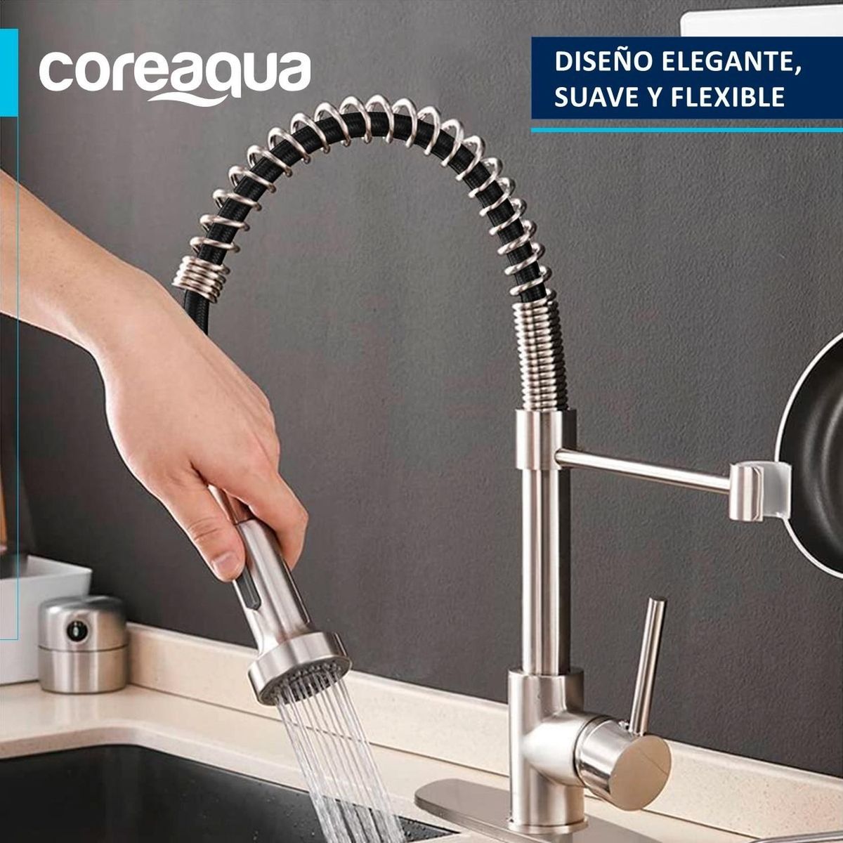 COREAQUA - Llave Monomando Lavaplatos Flex Griferia Cocina Coreaqua - Gris