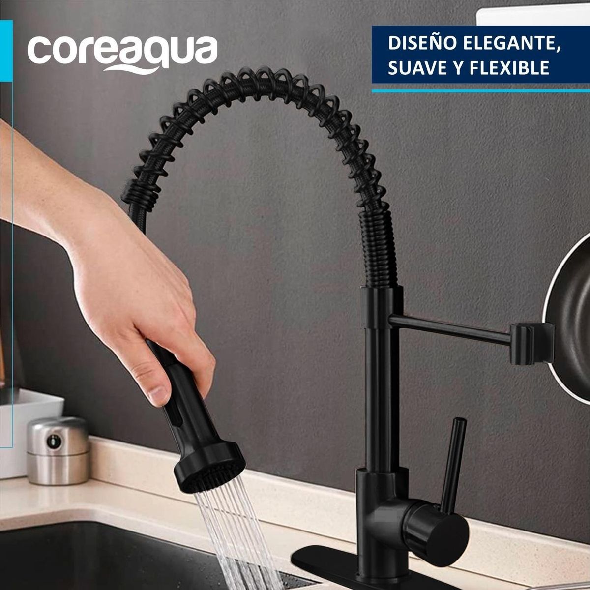 COREAQUA - Llave Monomando Lavaplatos Flex Griferia Cocina Coreaqua - Negro