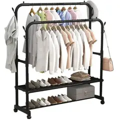 TNAKIEX - Perchero Metálico Doble Barra Con Estante Organizador Ruedas